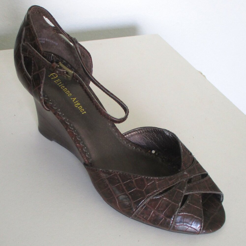 Etienne Aigner "Peep" Womens Brown Faux Croco Leather Ankle-strap Wedge NWOB- 8M